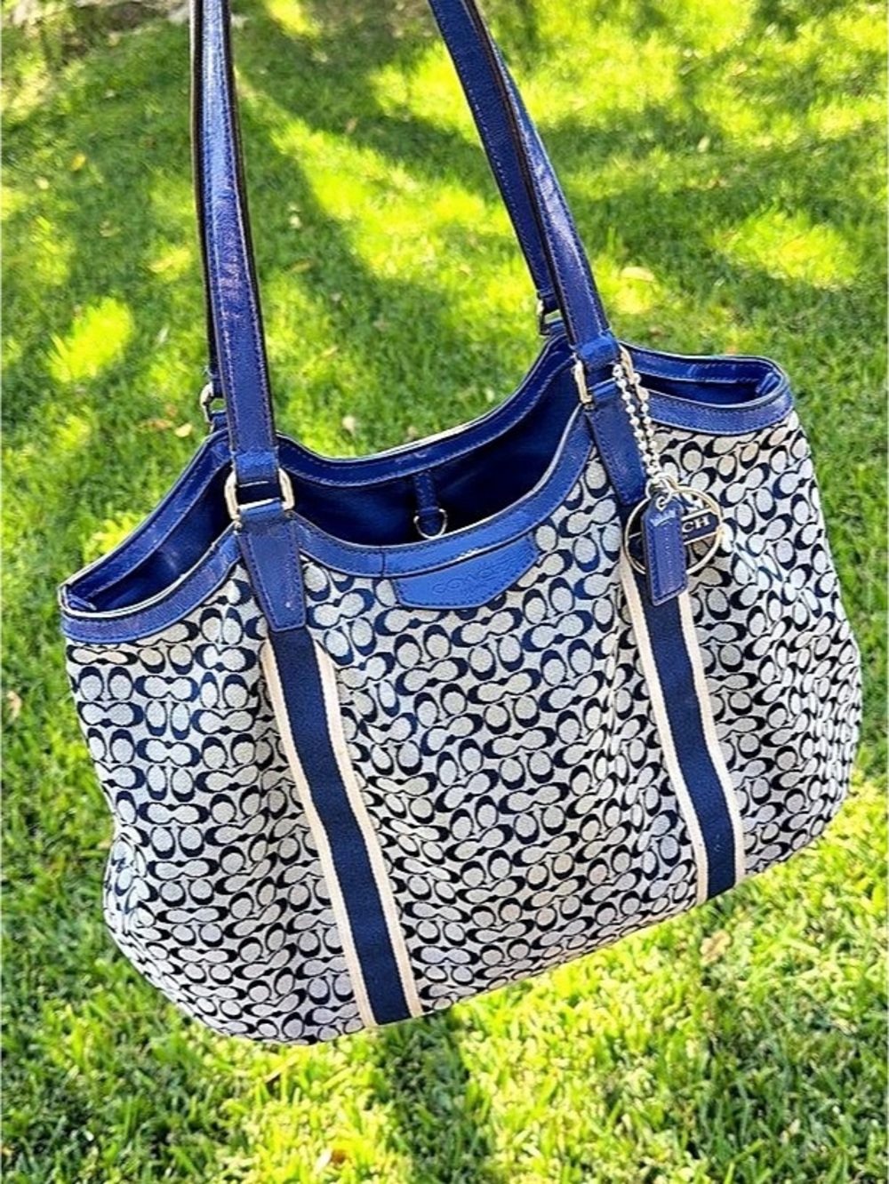 Coach Devin Signature Stripe Tote Monogram Shoulder Bag in Blue & White